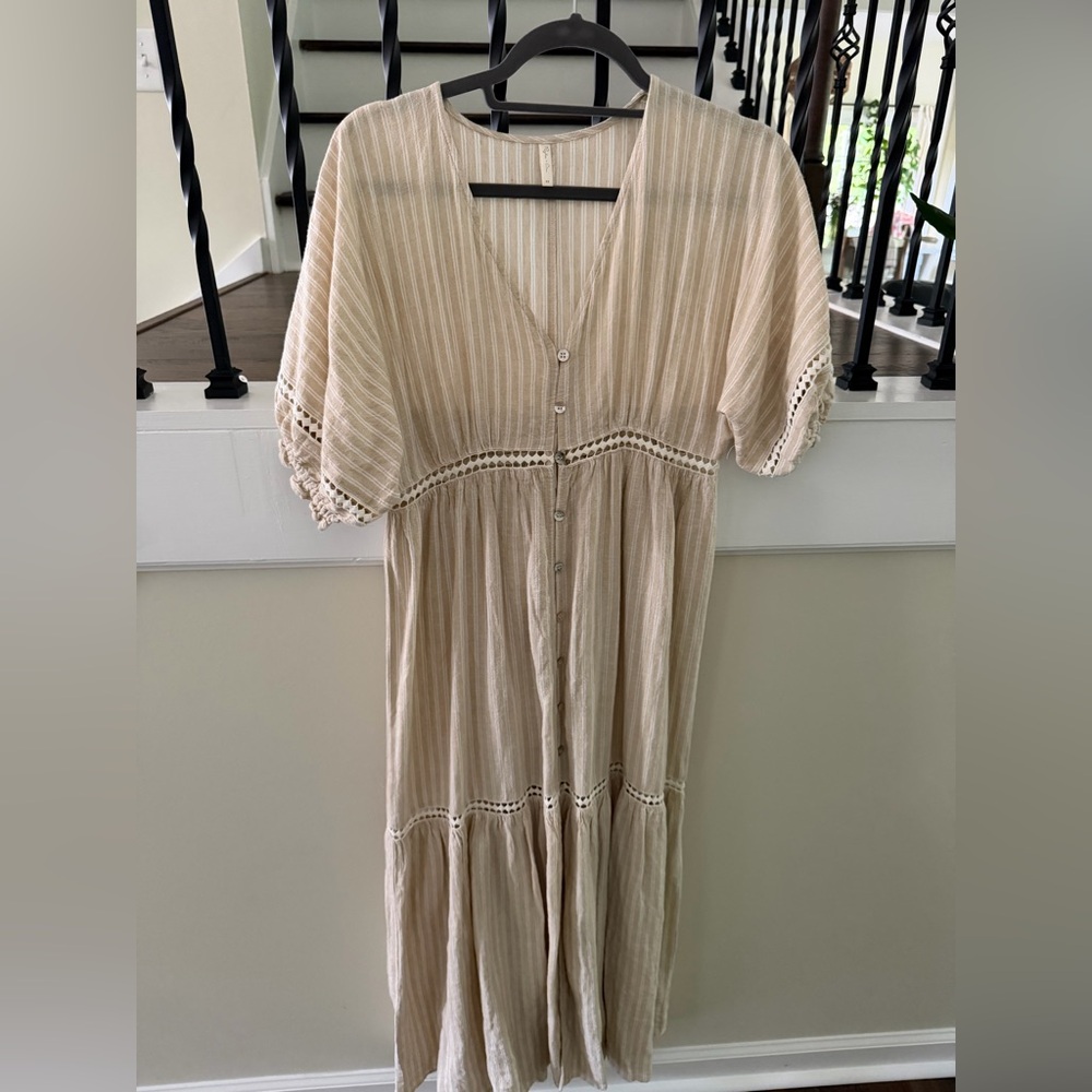 Rylee + Cru Cream Striped Button-Front Maxi Dress